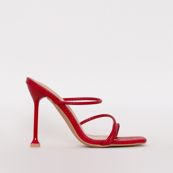 SIMMI SHOES / MARIANA RED SNAKE PRINT STRAPPY MULE HEELS
