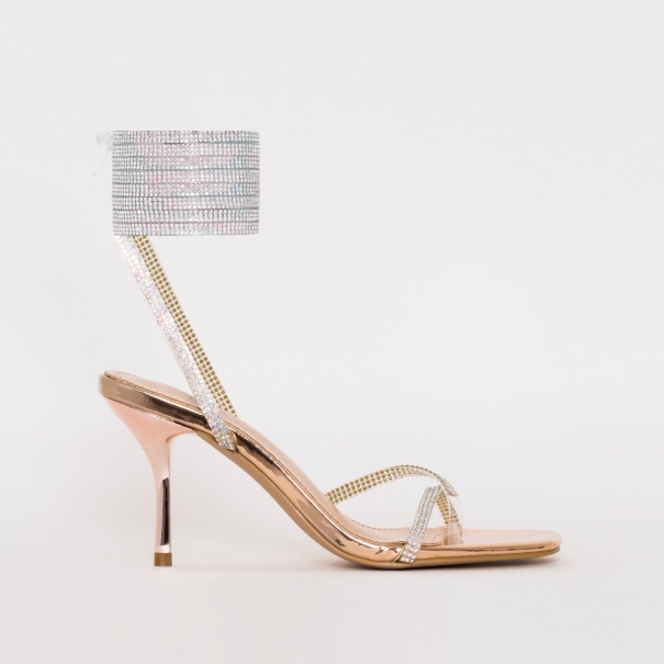 SIMMI SHOES / DARBY ROSE GOLD CLEAR LACE UP DIAMANTE MID HEELS
