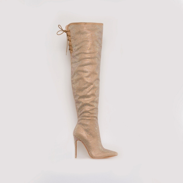 SIMMI SHOES / VAKILI NUDE SUEDE DIAMONTE THIGH HIGH STILETTO BOOTS