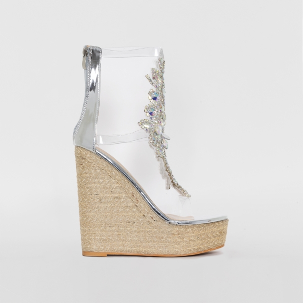 SIMMI SHOES / DONNA SILVER CLEAR GEM ESPADRILLE WEDGES