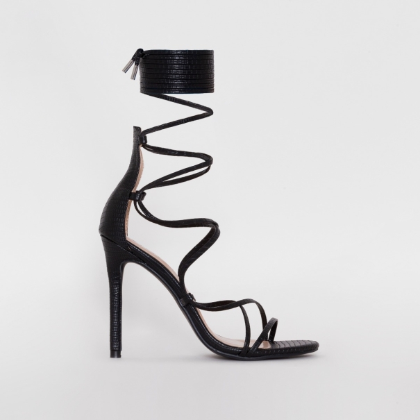 SIMMI SHOES / MIAH BLACK SNAKE PRINT STRAPPY LACE UP HEELS
