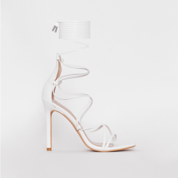SIMMI SHOES / MIAH WHITE SNAKE PRINT STRAPPY LACE UP HEELS
