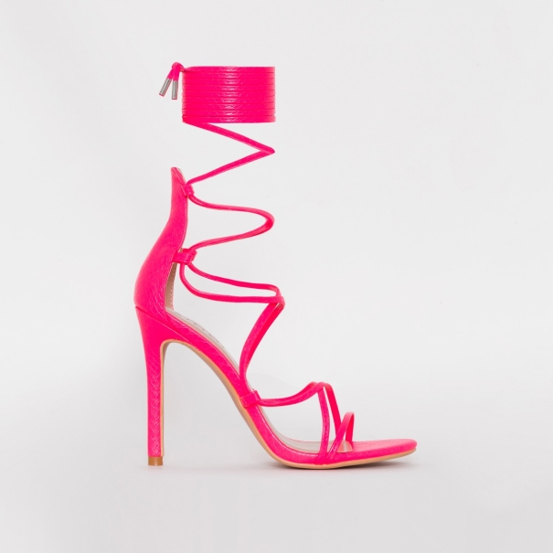 SIMMI SHOES / MIAH NEON PINK SNAKE PRINT STRAPPY LACE UP HEELS
