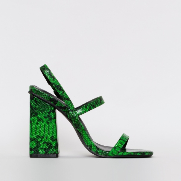 Jamma Green Snake Print Strappy Flare Block Heels