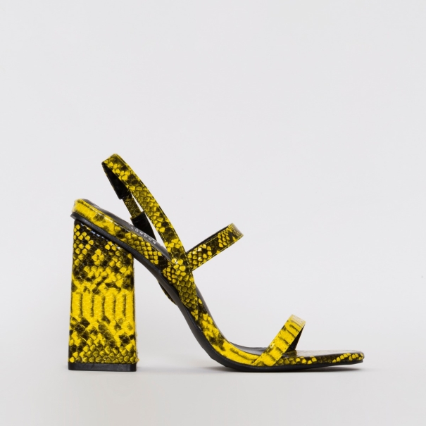 SIMMI SHOES / JAMMA YELLOW SNAKE PRINT STRAPPY FLARE BLOCK HEELS