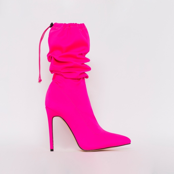Natalia Hot Pink Lycra Stiletto Ruched Knee Boots