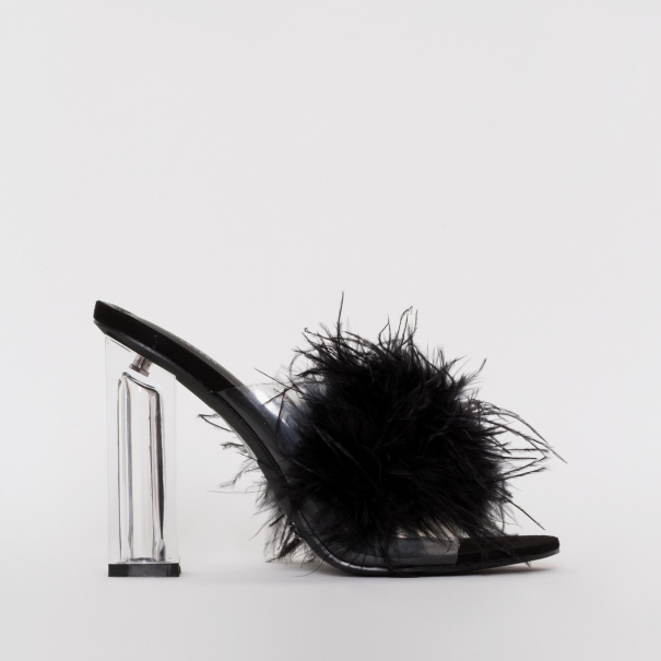 SIMMI SHOES / CLARISSE BLACK FLUFFY CLEAR BLOCK HEEL MULES