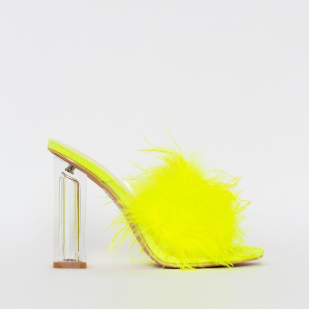 SIMMI SHOES / CLARISSE YELLOW FLUFFY CLEAR BLOCK HEEL MULES