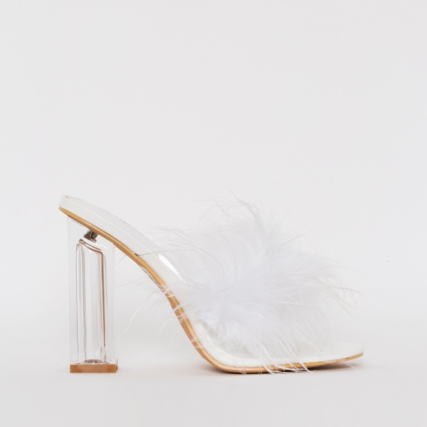 SIMMI SHOES / CLARISSE WHITE FLUFFY CLEAR BLOCK HEEL MULES