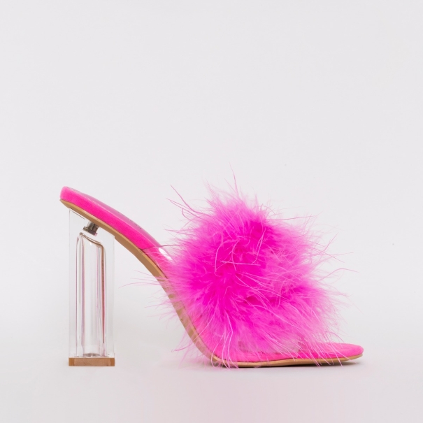 SIMMI SHOES / CLARISSE PINK FLUFFY CLEAR BLOCK HEEL MULES