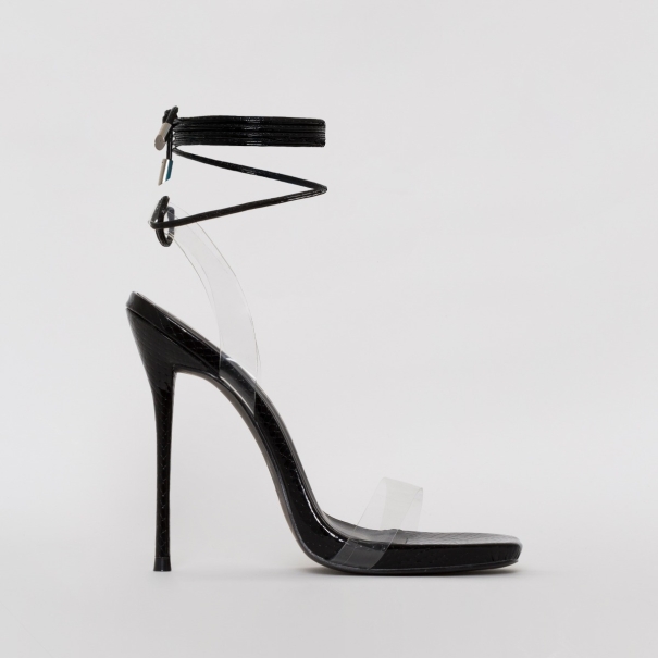 SIMMI SHOES / SOLANGE BLACK SNAKE PRINT CLEAR LACE UP STILETTO HEELS