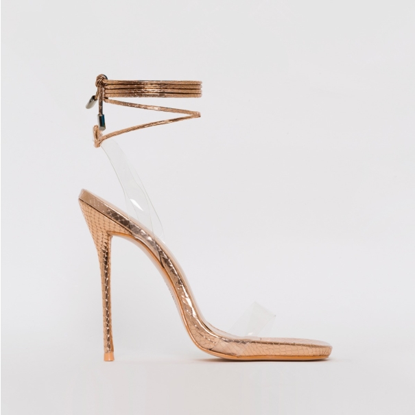 SIMMI SHOES / SOLANGE ROSE GOLD SNAKE PRINT CLEAR LACE UP STILETTO HEELS