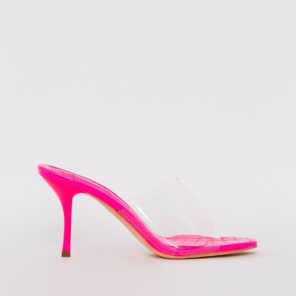 SIMMI SHOES / ELISE HOT PINK CROC PRINT CLEAR MID HEEL MULES