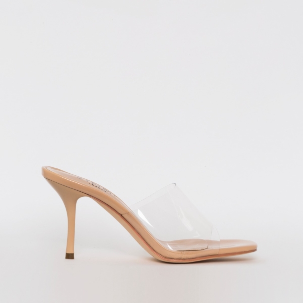 SIMMI SHOES / ELISE NUDE PATENT CLEAR MID HEEL MULES
