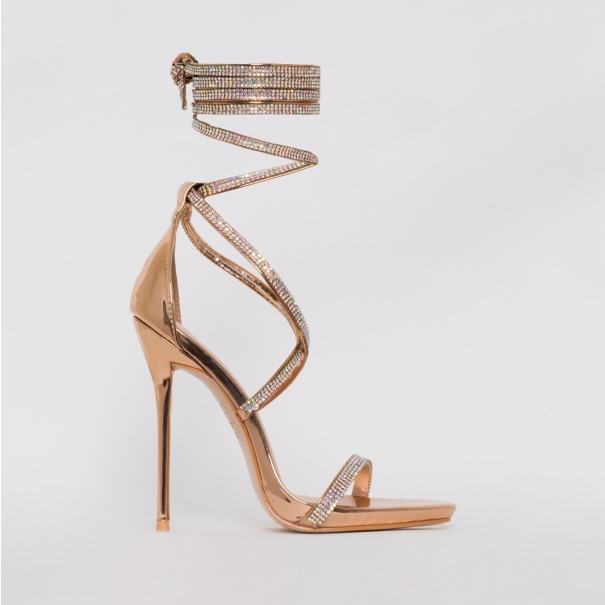 SIMMI SHOES / IVORY ROSE GOLD LACE UP DIAMANTE HEELS