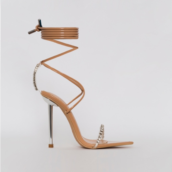 SIMMI SHOES / FELICITY NUDE PATENT CLEAR DIAMANTE LACE UP STILETTO HEELS