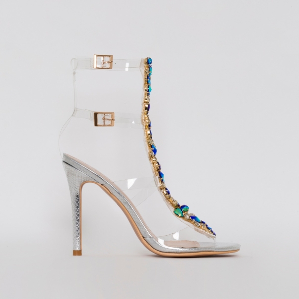 SIMMI SHOES / Lucia Silver Snake Blue Gem Clear Stiletto Heels