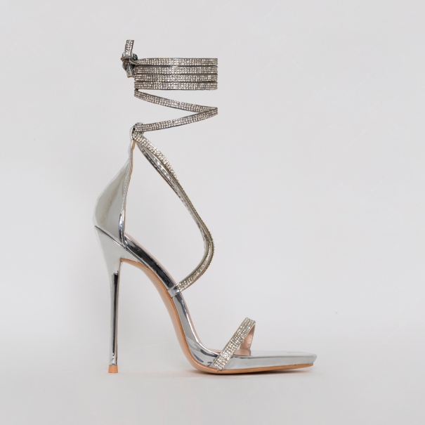 SIMMI SHOES / IVORY SILVER LACE UP DIAMANTE HEELS