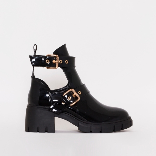 Zelda Black Patent Cut Out Chunky Ankle Boots