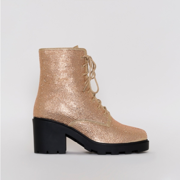 Kayla Rose Gold Diamante Lace Up Ankle Boots