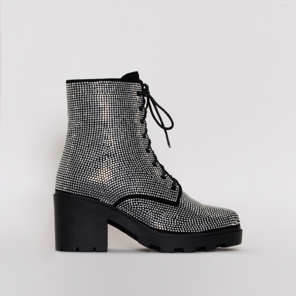 Kayla Black Silver Diamante Lace Up Ankle Boots