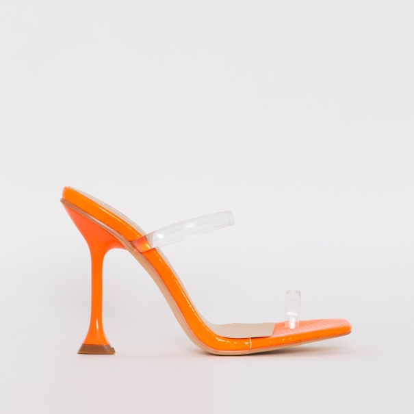 Aurelia Orange Patent Croc Print Clear Toe Loop Heels