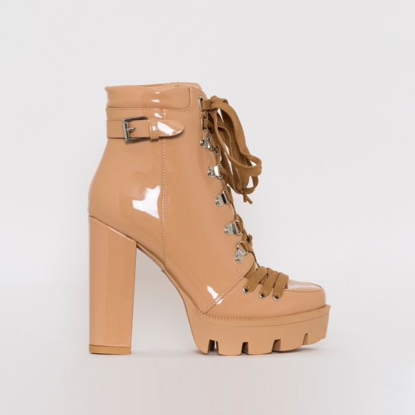 Oriana Nude Patent Lace Up Platform Ankle Boots