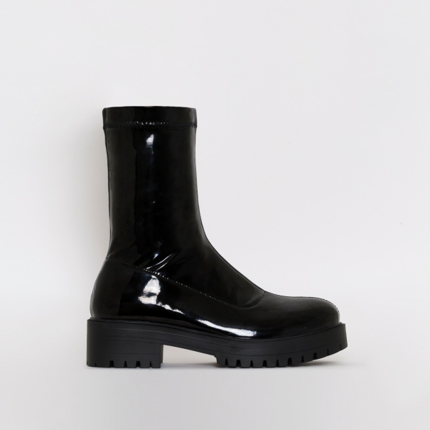 Tae Black Patent Stretch Flat Ankle Boots