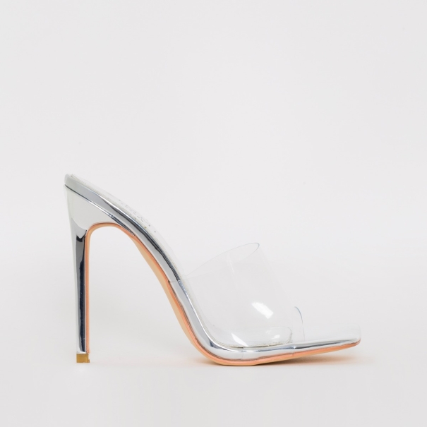 Amalie Silver Clear Stiletto Mule Heels