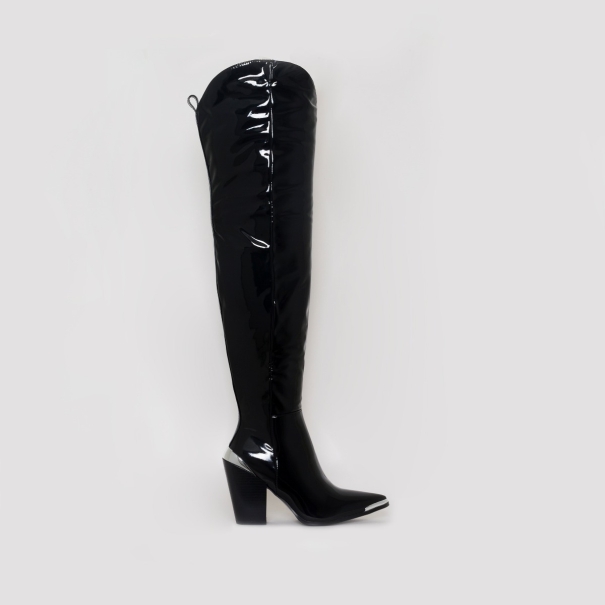 Alexa Black Patent Western Block Heel Thigh High Boots