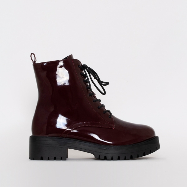 SIMMI SHOES / MOJI MAROON PATENT LACE UP FLAT ANKLE BOOTS