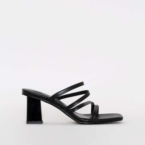 Maia Black Snake Print Strappy Mid Block Mules