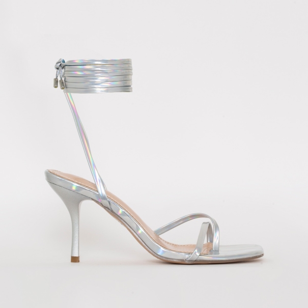 SIMMI SHOES / AMARA SILVER IRIDESCENT LACE UP MID STILETTO HEELS