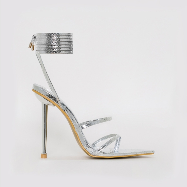 SIMMI SHOES / TYLER SILVER SNAKE PRINT LACE UP HEELS