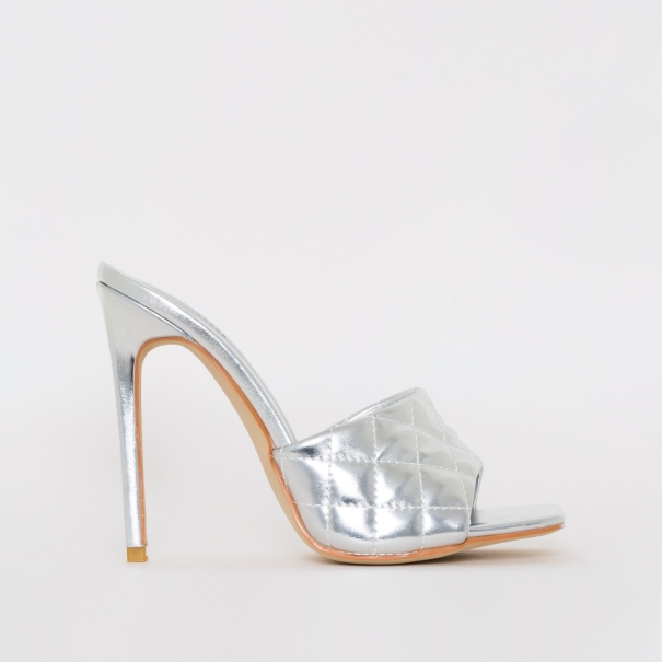 SIMMI SHOES / MARIAN SILVER QUILTED MULE HEELS
