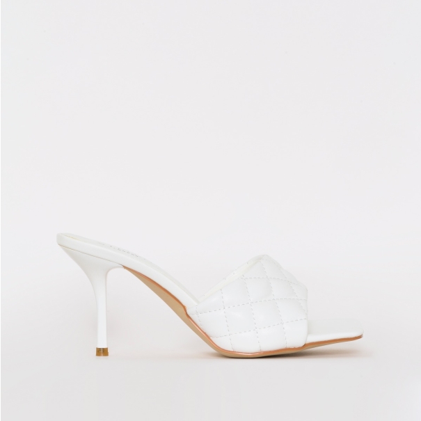 SIMMI SHOES / FARRIS WHITE QUILTED MID STILETTO MULES
