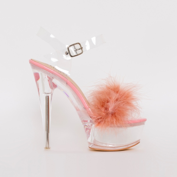 Lanny Pink Patent Fluffy Clear Platform Heels