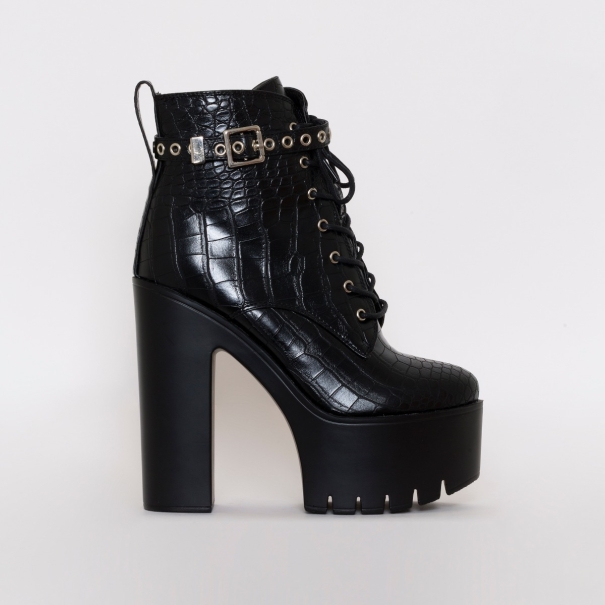 SIMMI SHOES / GRIME BLACK CROC PRINT CHUNKY LACE UP ANKLE BOOTS