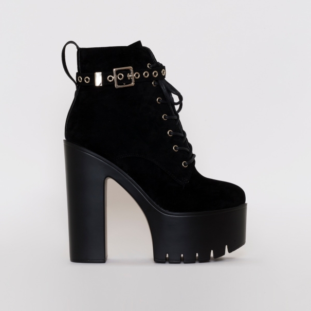 Grime Black Suede Chunky Lace Up Ankle Boots