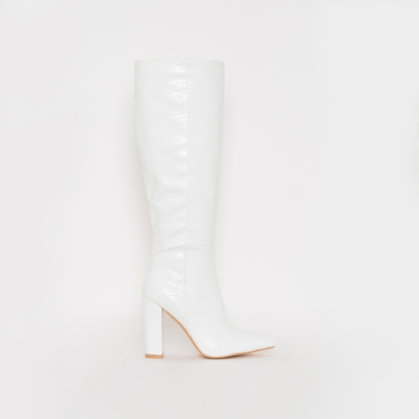 Viena White Croc Print Block Heel Knee Boots