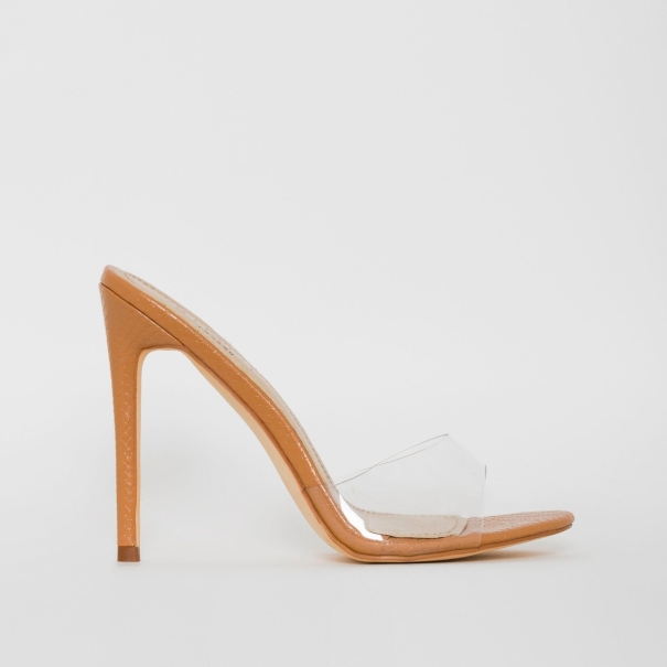 SIMMI SHOES / JULES NUDE SNAKE PRINT CLEAR STILETTO MULES