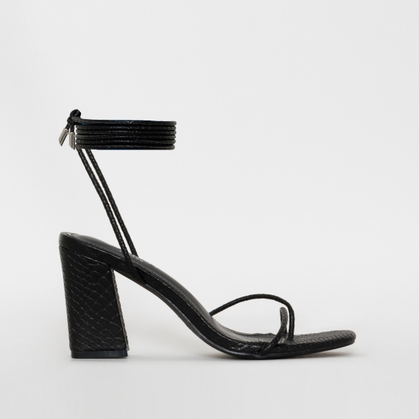 SIMMI SHOES / SONIA X FYZA FILTER BLACK SNAKE PRINT LACE UP MID BLOCK HEELS