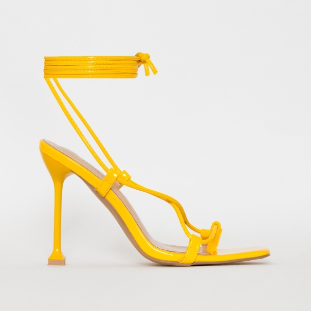 SIMMI SHOES / SONIA X FYZA SUNSET YELLOW SNAKE PRINT LACE UP HEELS
