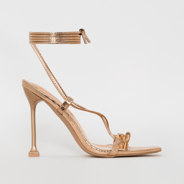 SIMMI SHOES / SONIA X FYZA SUNSET ROSE GOLD SNAKE PRINT LACE UP HEELS