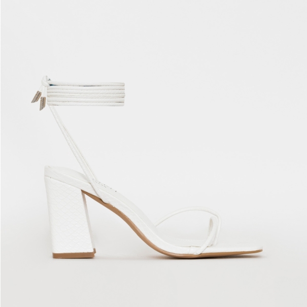 SONIA X FYZA Filter White Snake Print Lace Up Mid Block Heels 