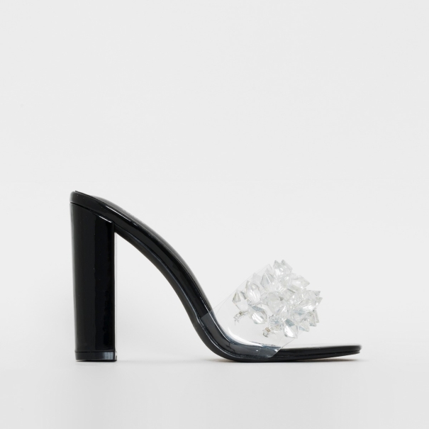 Rella Black Patent Clear Crystal Block Heel Mules | SIMMI London