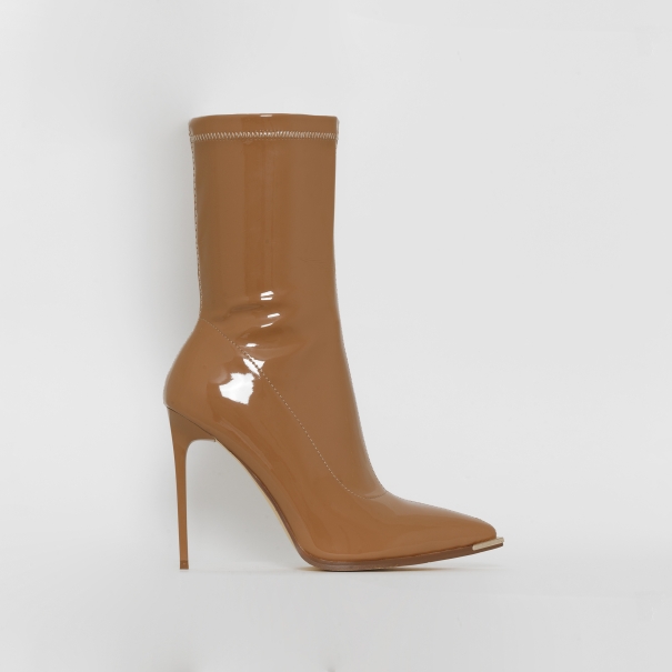 SIMMI SHOES / Stefania Dark Nude Patent Metal Toe Cap Stiletto Ankle Boots