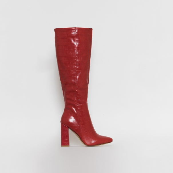 SIMMI SHOES / Zoras Red Faux Croc Print Block Heel Over The Knee Boots