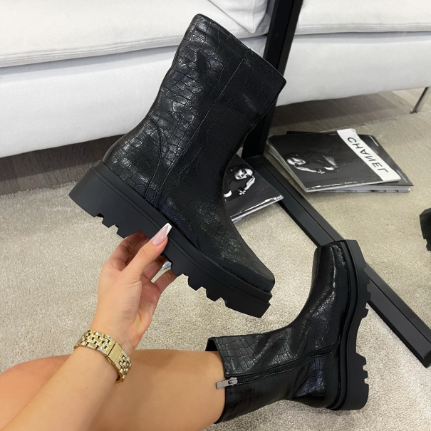 SIMMI Shoes / Adrian Black Faux Croc Print Square Toe Chunky Ankle Boots