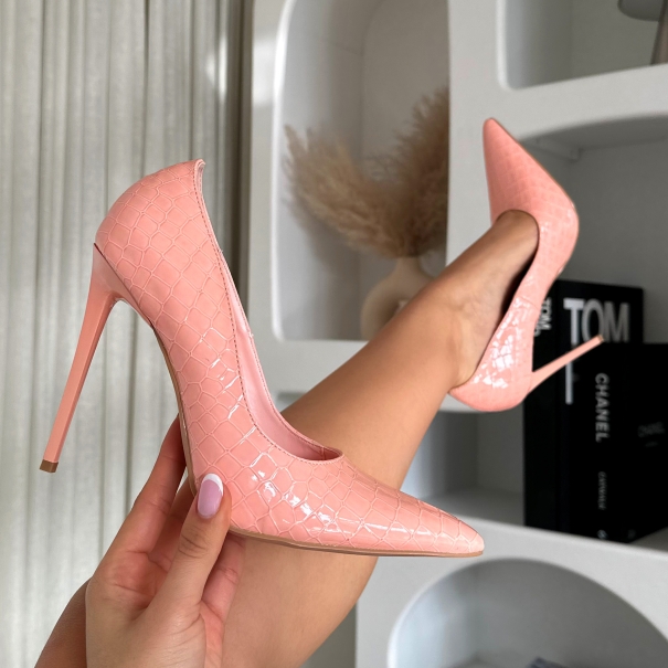 Kamii Pink Patent Faux Croc Effect Court Shoes | SIMMI London